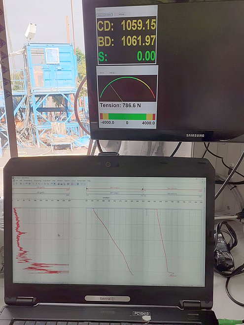 Im Messwagen des LIAG. In Bildschirmmitte die Temperaturkurve, 60°C in 1060 m.