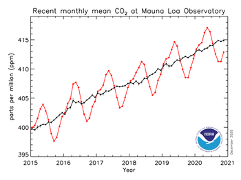 Abbildung der globalen CO2-Konzentration ab 2015, um den Jahresgang zu verdeutlichen