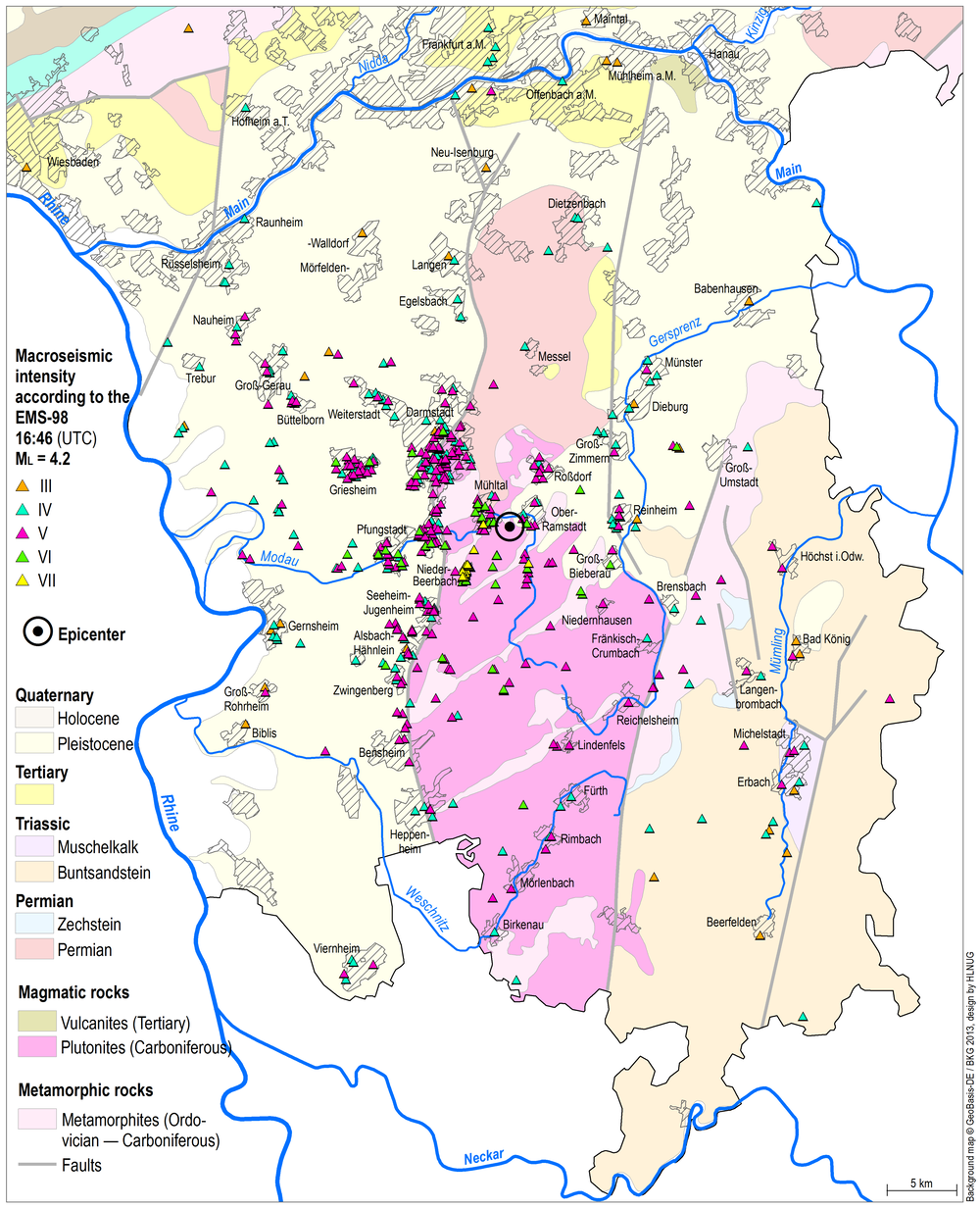 Abbildung 2: Makroseismische Karte des Erdbebens vom 17. Mai 2014 südöstlich von Darmstadt bei Mühltal/Nieder-Beerbach. 