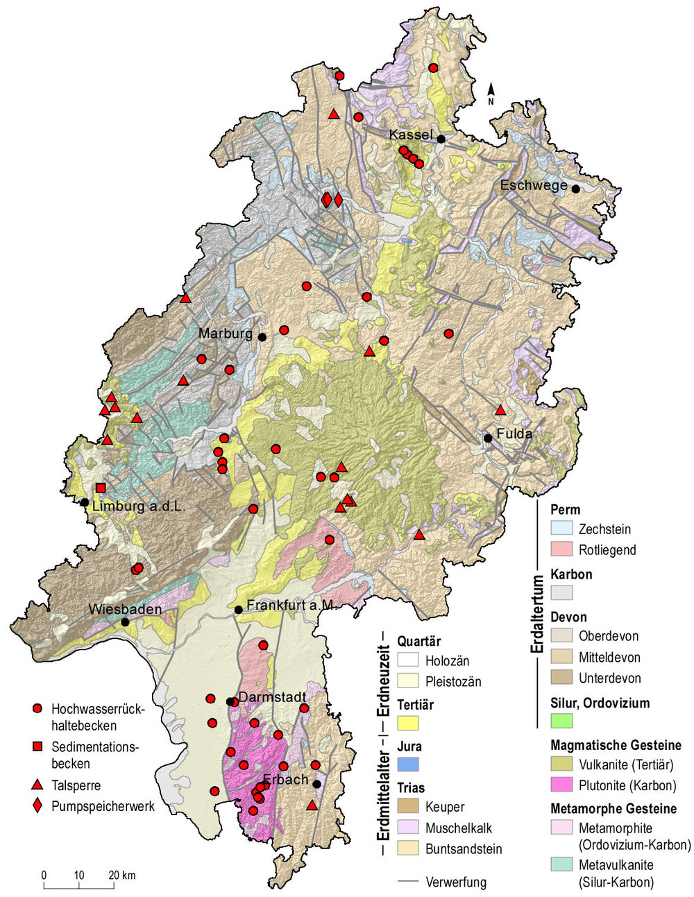 Regionale Verteilung der Talsperren und Hochwasserrückhaltebecken in Hessen