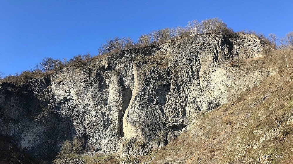 Das Vogelschutzgebiet Hirzstein bei Kassel mit Blick auf eine steile Steinwand.