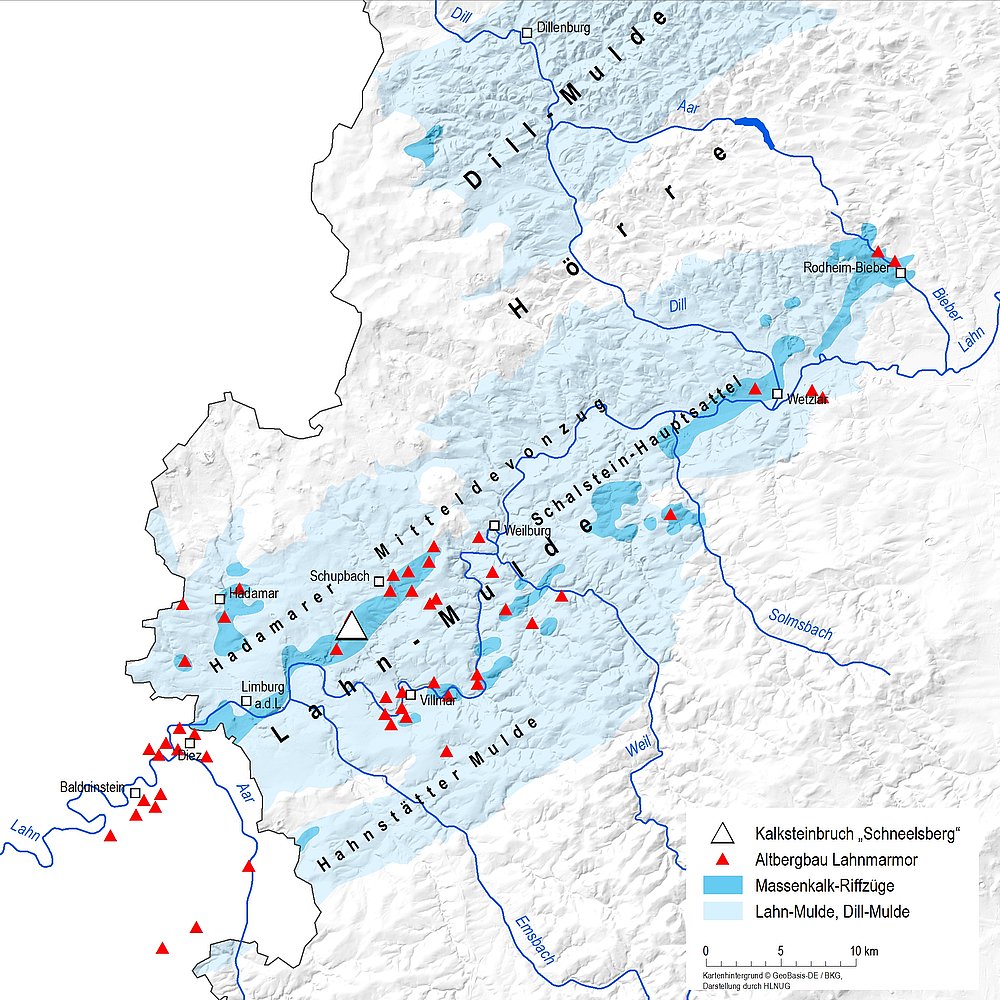 Verbreitung devonischer Massenkalksteine im Rheinischen Schiefergebirge Hessens mit ehemaligen Abbaustellen für Lahnmarmor