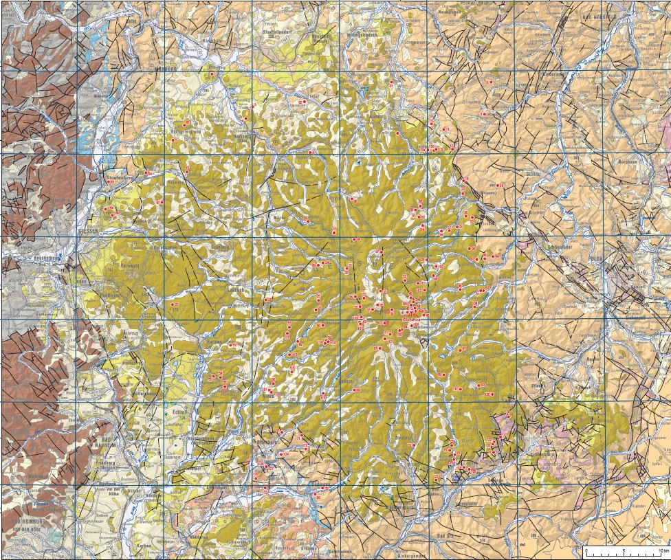 Geologische Karte Vogelsberg mit Punkten für die einzelnen Geotope